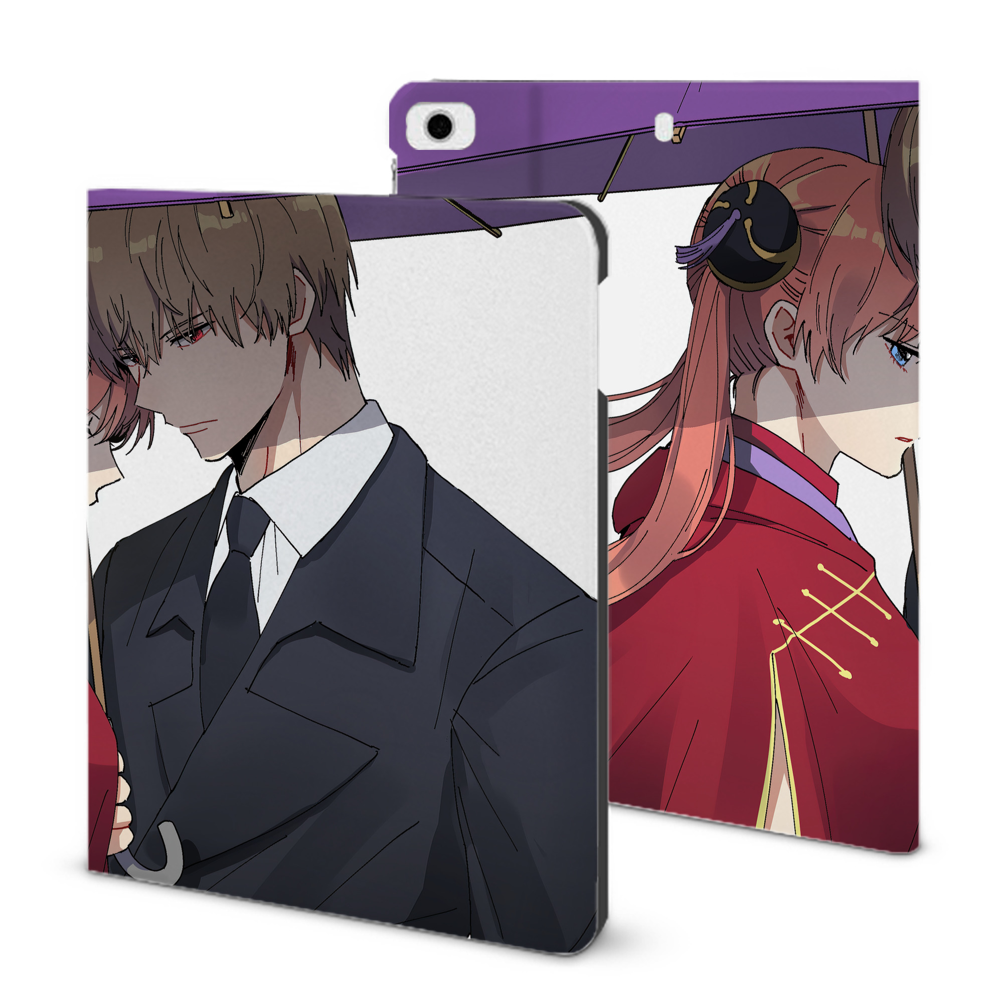ぎんたま 坂田銀時（さかたぎんとき） 神楽 志村新八（しむら しんぱち） GINTAMA Sakata Gintoki Kagura Shimura Shinpachi IPad ケース ブック型 PUレザー TPU 耐衝撃 軽量 薄型 ペン収納なし 全面保護 IPad 各モデル対応
